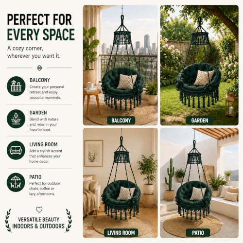 Image of Premium King Size Hammock Chair Swing with Cushion, 200kg Capacity | Indoor Outdoor Heavy Duty Adults & Kids Hanging Jhula for Home, Garden, Patio & Balcony | 1Yr Warranty (Bottle Green)