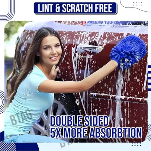 Image of Btag Double Sided Microfibre Wash Mitt Cleaning Gloves (2 Pcs, 2400 GSM, Size 26 X 19 Cm, Extra Large, Super Absorbent, Big Chenille Mitt Glove) (Blue)