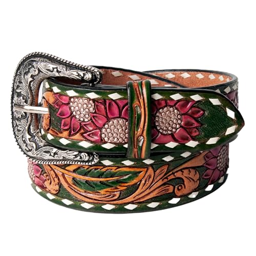 American Darling Beautifully Hand Tooled Green Genuine American Leather Belt Men and Women Western Belt with Removable Buckle