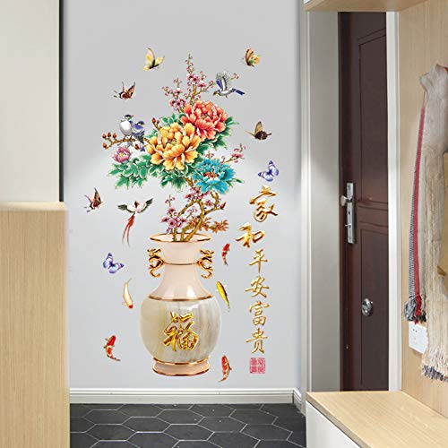 ERQINGQT Etiqueta De La Pared Estilo Chino Romántico Jarrón De Flores Peonía Ciruela Pegatinas De Pared Inicio Sala De Estar Entrada Grande Mural Pájaro Mariposa Cartel