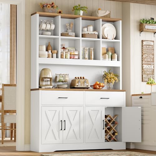 Image of TEENFON Storage Cabinet with Doors and Drawers, Pantry Cabinets, 5 Tier Floor Standing Bookshelves, Bookshelf and Bookcase, 8 Open Storage Shelves and Printer Stand for Study, Living Room, Office