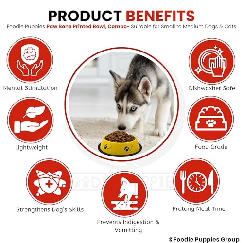 Image of Foodie Puppies Stainless Steel Dog Bowl Combo - (Medium, 700ml) Food and Water Feeding Gift Bowl | Suitable for Dogs, Cats and Other Pets I Paw Bone Print, Anti-Skid Rubber Base (Red + Yellow)