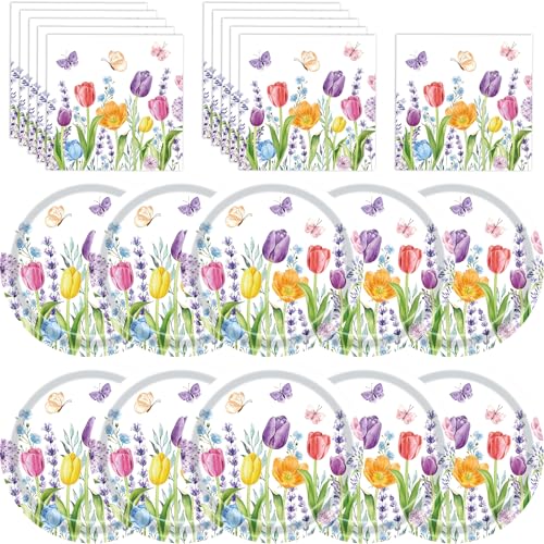 Temicle 40 Pieces Spring Tulip Floral Party Tableware Set Disposable 9 Inch Plates and Napkins for Spring Garden Parties Baby Showers and Picnics Serves 20