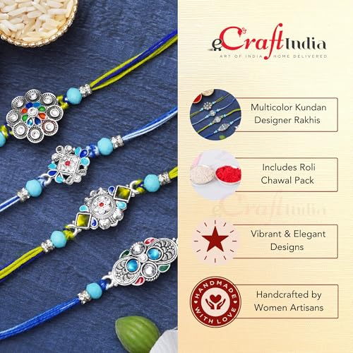 Image of eCraftIndia Set of 4 Multicolor Kundan Floral Designer Rakhis, Best Bro Ever Fridge Magnet with Roli Chawal Pack - Rakhis for Brother, Bhabhi, Kids