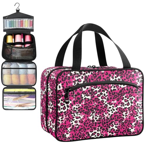 YNNALE Sewing Supply Organizer Bag, Hot Pink and White Leopard Skin Portable Sewing Bags with Pockets&Hanger, Sewing Storage Box Case for Sew Supplies/Kit/Tools/Accessories (BAG ONLY)