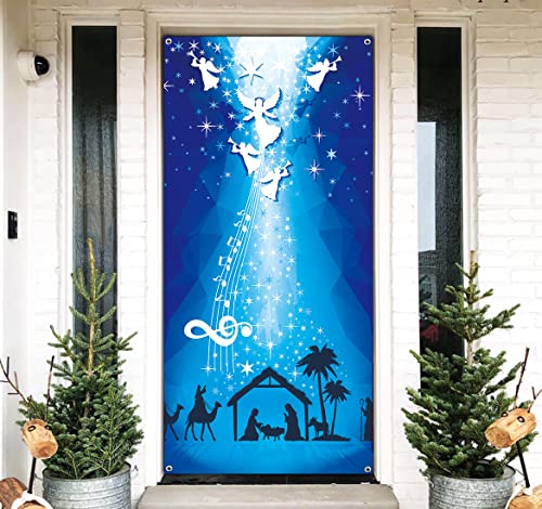 Birth Of Jesus Door Cover Christmas Night Manger Nativity Scene Door Banner Large Religious Christmas Backdrop Decoration Manger Scene Religious Blue Banner Jesus Nativity Backdrop 6.6 X 3.0 Ft #TOP23