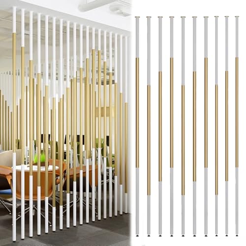 Listones de metal para postes de separación de escaleras y sala de estar de 7, 6, 5, 4 y 3 pies de alto y divisor de habitación, diseño sin taladrar, color oro blanco, incluye alfombrilla