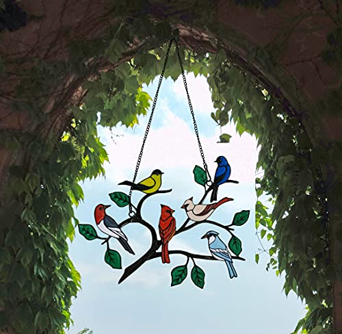 image for ZUAJITER Six Birds Cardinal Gifts Stained Metal Window Hangings, Multi