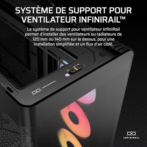 Corsair Frame 4500X RS-R ARGB Boîtier PC Moyen-Tour en Verre panoramique – Système de Fixation du Ventilateur InfiniRail, Peut accueillir Deux radiateurs de 360 mm, 3X Ventilateurs RS120R – Noir