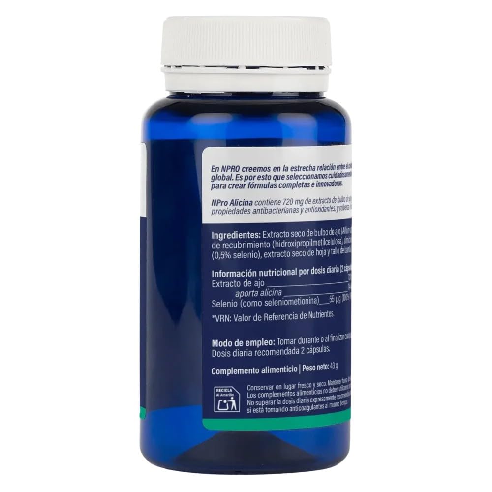 NPro SALUD INTESTINAL Alicina 90 Cápsulas Extracto de Ajo | Antimicrobiano con Selenio y Alicina Pura, Compuestos Azufrados, Antibacteriano, Antifúngico, Antiviral, Limpieza Intestinal