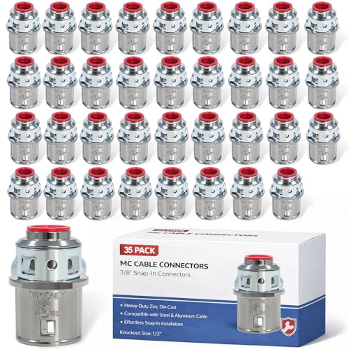 35 Pack MC Cable Connectors 3/8 Snap in Connectors Zinc Electrical Conduit Connector for Steel and Aluminum Cable Knockout Size 1/2