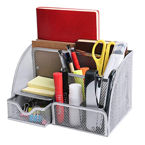 OKPOW Organisateur de Bureau, Organisation Bureau Metal Rangement Bureau Organisateur avec Tiroir pour le Bureau à Domicile 22 * 14 * 13cm, Argent