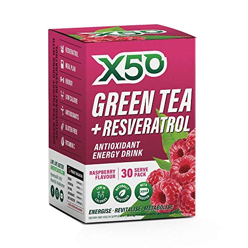 Green Tea X50 Green Tea & Resveratrol Raspberry Energy Drink Powder 30 Sachets, Antioxidants, Fat Burner,, Raspberry 90 grams