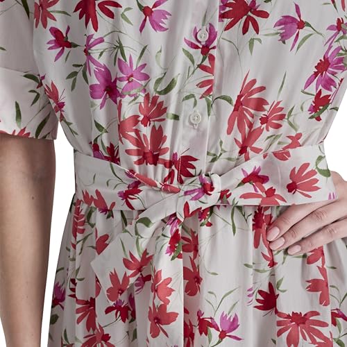 Image of DKNY Women's Short Sleeve Cotton Poplin Collared Midi Shirtdress