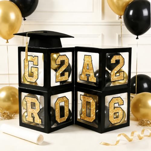 2026 Graduation Decorations Balloon Boxes - 4pcs Grad Balloon Boxes with Letter GRAD 2026 Class of 2026 Decoration for Leavers Preschool Nursery Graduation College Prom Decorations 2026(Congrats!)