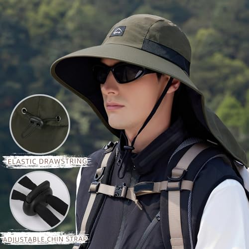 Image of Rosoz Outdoor Sun Hat for Men Women, UPF50+ Protection Safari Cap Wide Brim Mesh Fishing Hat with Neck Flap Beach Garden
