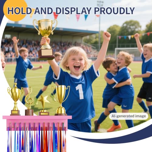 Image of Medal Holder Display Trophy Shelf Organizer, Sturdy Wooden Race Award Hanger Rack with 25 Steel Hooks, Wall Mount Storage Stand for Sports Fans, Cheer Success