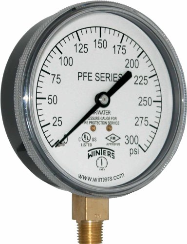 Winters PFE Series Single Scale Sprinkler Pressure Gauge, 3-1/2" Dial, 0-300 psi Range, +/-3-2-3% Accuracy, 1/4" Male NPT Bottom Connection, For Air/Water Media