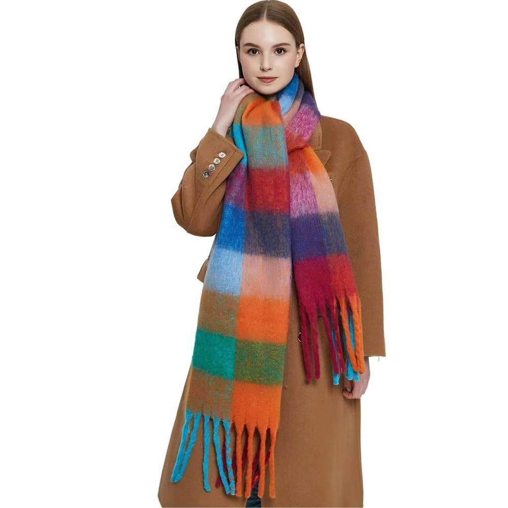 Women Scarf Winter Big Colorful Checked Thick Warm Wrap Scarves Casual Tassel Blanket Scarf Stylish Plaid Design