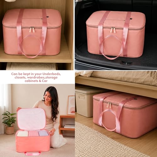 Image of Storite 2 Pack Nylon Big Underbed Storage Bag Moisture Proof Cloth Organiser with Zippered Closure and Handle(Peach, 56x46x30cm) Rectangular
