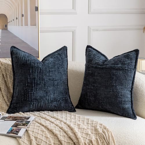 Image of MADIZZ Pack of 2 Chenille Throw Pillow Covers 16x16 Inch Dark Blue Soft Neutral Decorative Throw Pillows for Couch Sofa Boho Accent Cushion Covers Modern Farmhouse Home Decor for Bedroom Living Room