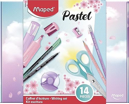 Maped Coffret d'Écriture Pastel 14 Pièces Crayons HB + Taille Crayon + Surligneurs + Feutres d'Écriture + Ciseaux 16cm + Gomme