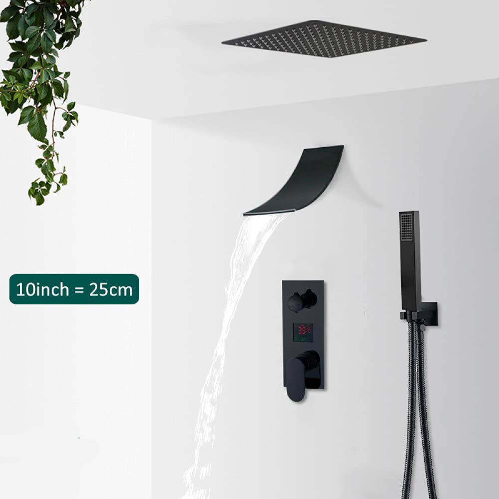 Kit de grifería de Ducha de Lluvia y Cascada en Negro Mate con Pantalla Digital LCD, Sistema de Ducha para baño, grifos mezcladores de Ducha de 2/3 vías, 3 vías, 16 pulga,3-Way 10in Watfall a