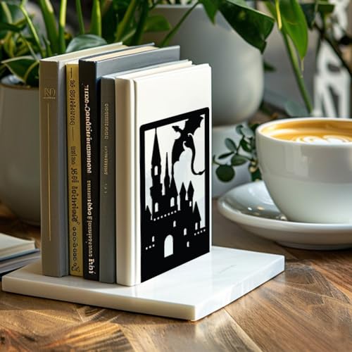 Peacoblue Metal Bookends for Shelves Room Decorative, Creative Heavy Duty Study Bookends Stoppers Holder Stand for Desk Shelf 4.7"x3.5"x7" Book Ends to Support Books, 1 Pair(Dragon Castle) - Image 6