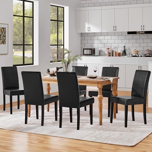 Image of Yaheetech Dining Chairs Set of 6 Faux Leather Modern Dining Room Chairs with Rubberwood Legs and Padded Seat for Kitchen /Living Room /Restaurant, Black