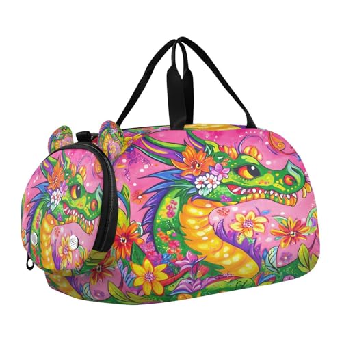 Gym Travel Duffle Bag for Boys Girls Colorful Dragon Sports Dance Bag with Shoe Compartment & Wet Pocket Football Kids Travel Bag Teens Sleepover Carry