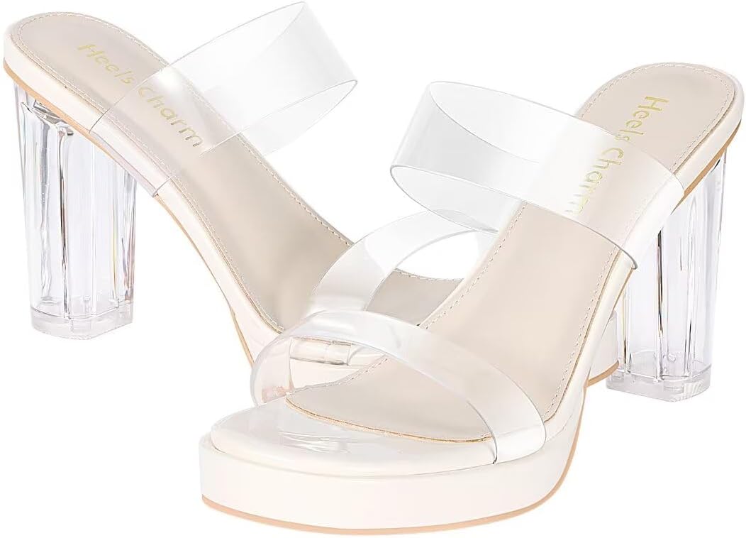 Heels Charm Women's Platform Heels Clear Chunky Block Heeled Sandals Open Toe Two Strap Slip On Block High Heel Sandal Dress Dancing Sandals Daily Work Party Shoes - Image 7