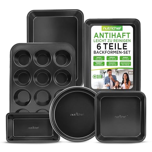 NutriChef Backblech Set Antihaftbeschichtet 6-Teilig, Backform Rechteckig für Brownies, Pizza, Kekse & Kuchen, Baking Tray für den Backofen, Spülmaschinengeeignet, Kuchenplatte Stahl Eckig, Teigplatte