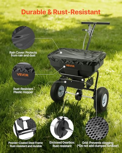 Image of VEVOR Broadcast Spreader, 12ft Spreading Width, Push Broadcast Spreader with 13 inch All-Terrain Tires, Adjustable Flow Control, 130lbs Capacity Hopper, Lawn Spreaders for Fertilizer Seed Ice Melt