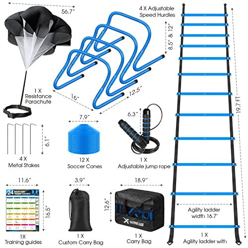 X-UMEUS Agility Ladder Speed Training Equipment Set-20ft Agility Ladder,12 Soccer Cones,4 Hurdles, Jump Rope, Running Parachute| Basketball Football Soccer Training Equipment for Kids Youth Adults