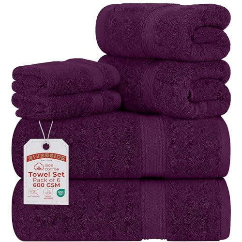 RIVERSIDE Luxury 6 Piece Towel Set 2 Bath Towels 2 Hand Towel 2 Wash Cloths 100% Cotton 600 GSM Hotel Quality Soft Highly Absorbent Towels for Bathroom Purple Towel Sets