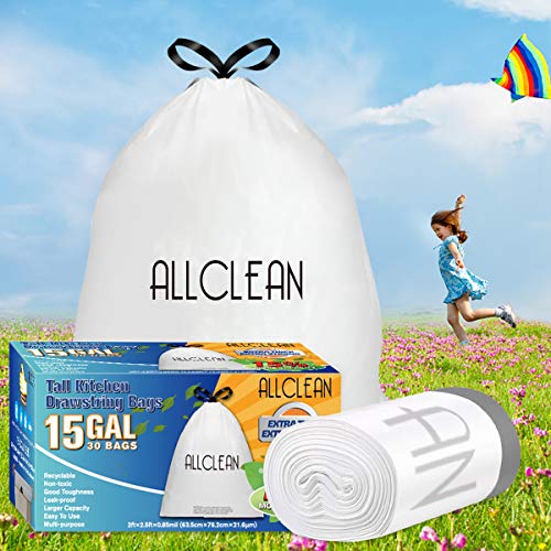 HetCae 15 Gallon Trash Bags,White Drawstring Garage Bags 0.85 Mil Ultra Strong Tall Kitchen Trash Bags Clear Trash Can Liner for Kitchen, Bathroom, Bedroom, Home, Office, Backyard,Unscented,30 Count