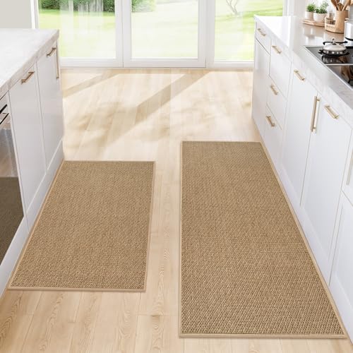SofterCharm Kitchen Rugs and Mats, Non Slip Washable Set of 2 PCS, Absorbent Kitchen Mats for Floor, Kitchen Runner Rug, Rubber Backing, for Kitchen Decor, Front of Sink(Khaki, 20’’x 32’’+ 20’’x 47’’)