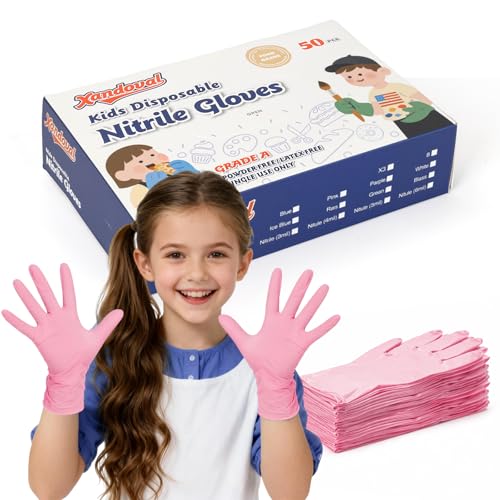 Xandoval Kids Nitrile Gloves for 6-10 Years, 5Mil Pink Disposable Gloves for Work, Cleaning,...