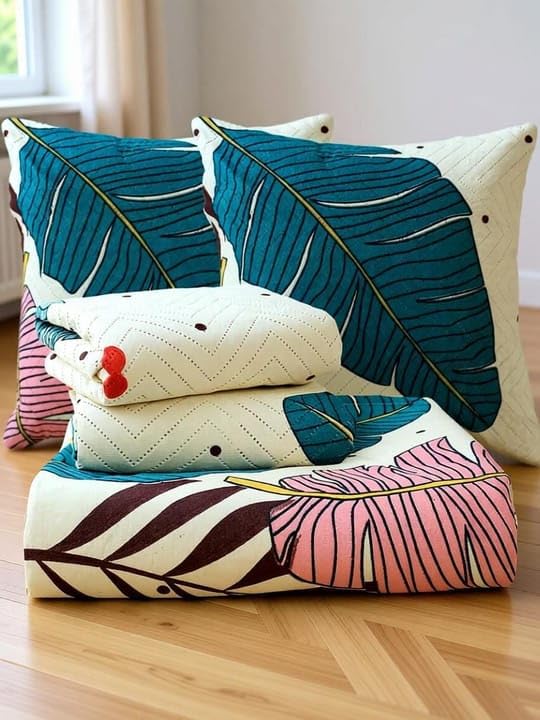 NEW TOWN Geeta 220 TC 5 Piece Bedding Set with 1 Pc Bedsheet, 2 Pc Quilted Cushion with Zip, 2 Pc Pillow Covers - Heavy Glace Cotton (90X 100 Inches) 5 Pcs Set A64-image-16