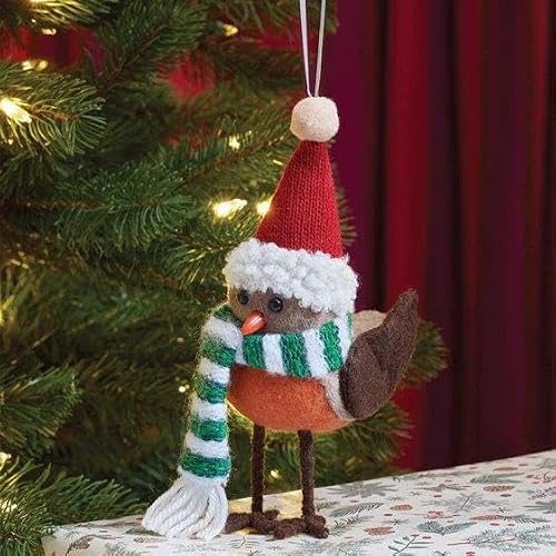 Image of Marco Paul Plush Robin Christmas Pendant -18cm Durable Novelty Xmas Ornament with Santa Hat - Hanging Festive Felt Bird For Red Christmas Tree Decorations, Brown Baubles & Home Decor