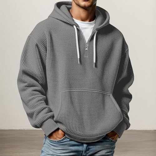 Waffle Knit Hoodie Men Quarter Zip Long Sleeve Shirts Hooded Sweatshirt - image 2