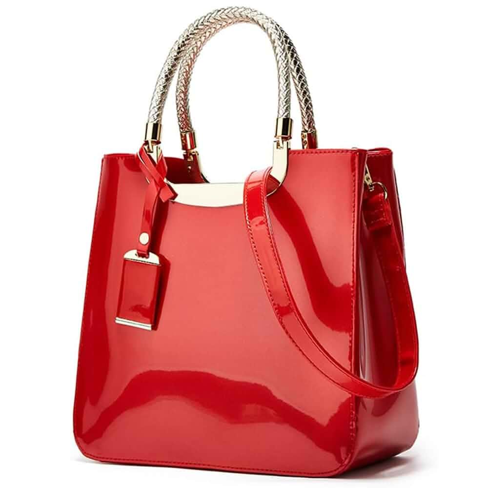 Glossy Patent Leather Satchel Bag for Women Top Handle Shoulder Purse Tote Braided metallic handles,Detachable shoulder strap,Wipeable water‑resistant surface,Wedding & party‑ready styling