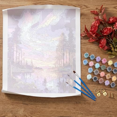 Image of HASTHIP DIY Paint By Numbers for Adults and Kids, Fantasy Aurora Night Sky Forest Landscape Wall Decor, Beginners Pre-Outlined Acrylic Number Painting Canvas for Home Decor, 40x50cm