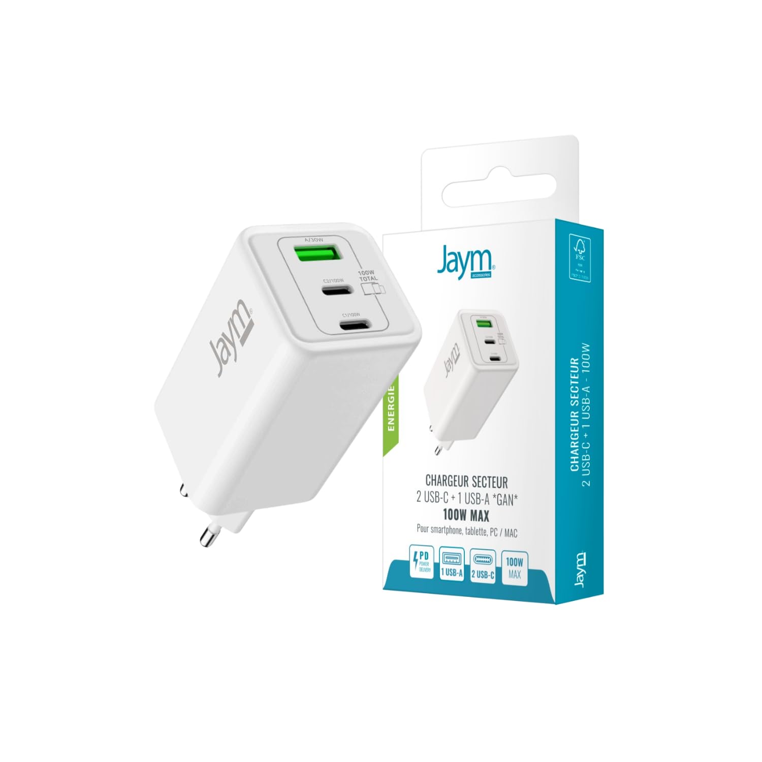JAYM Chargeur GaN USB-C 100W - 2 USB-C + USB-A - MacBook iPhone iPad