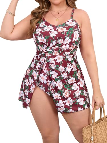 Beautife Womens Plus Size One Piece Swimsuits Tummy Control Swim Dress Floral Print Twist Slit Bathing Suits Swimdress