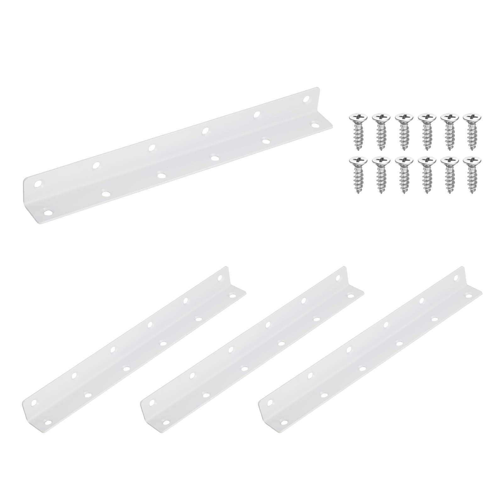sourcing map 4Pcs Angle Brackets for Wood, Stainless Steel Corner Brackets with Screws, L-Shape Corner Brace for Fixing Repairing Jointing Furniture Shelves Cabinets (275x25x25mm, White) — image 1
