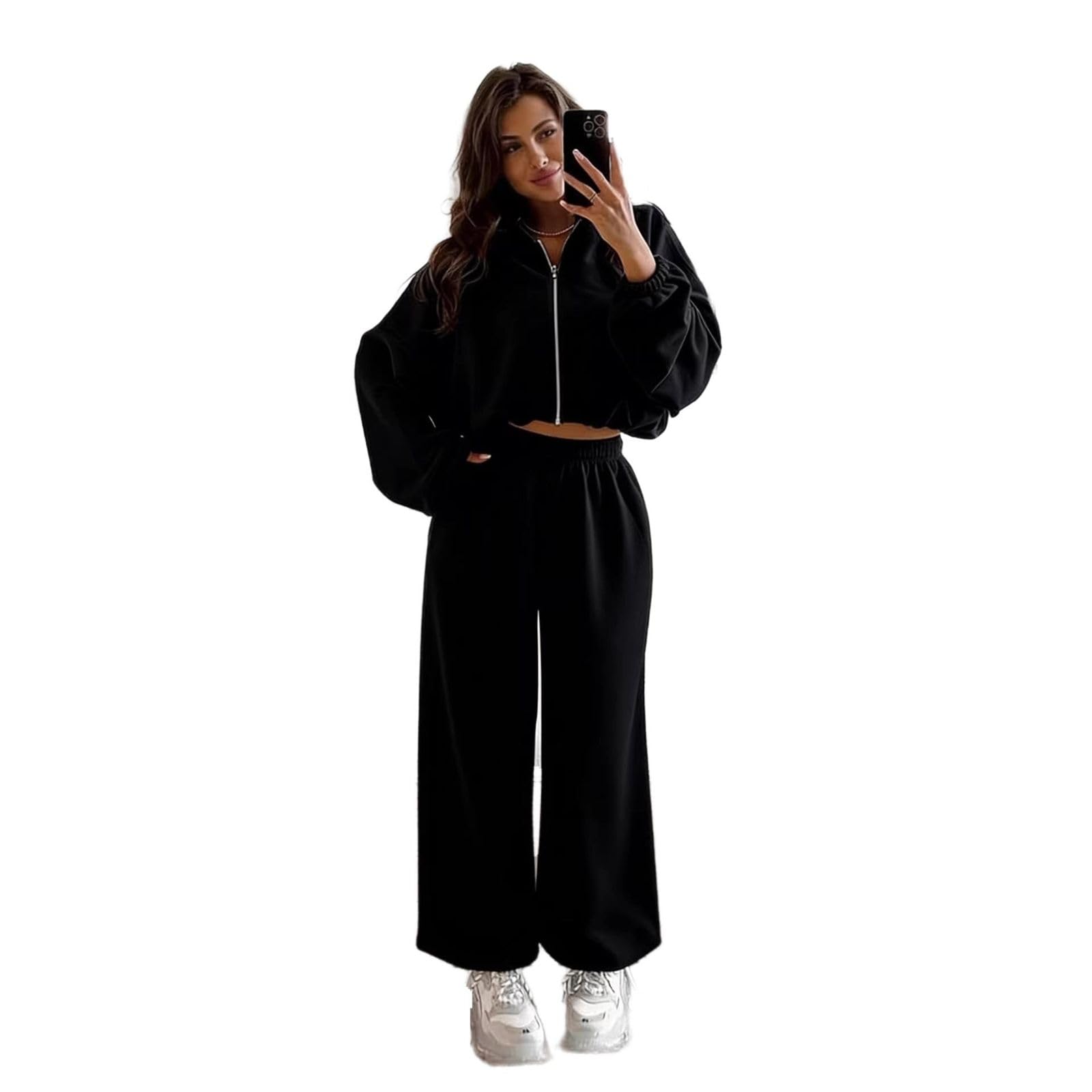 Ensemble 2 pièces sport pour femme, sweat à capuche à fermeture éclair et pantalon large décontracté