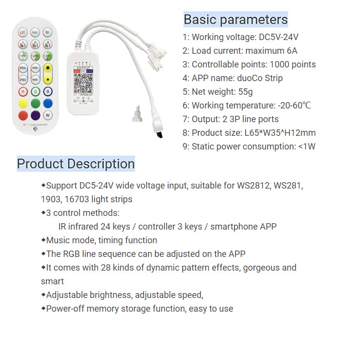 TOPXCDZ WS2811 WS2812B LED Strip Lights Controller DC 5V 12V 24V Dream Colour RGB 24Key Infrared Controller Bluetooth App Remote Control Built-in Mic Music Sync Indoor Usage - Image 3