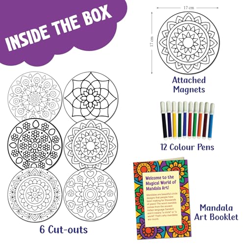 Image of SparkLPlay DIY Mandala Art Kit for Kids. Coloring Set with - 6 Magnetic Cutouts,12 Color Pens & Booklet. Creative Art & Craft. Mess Free. Gifts for Kids.