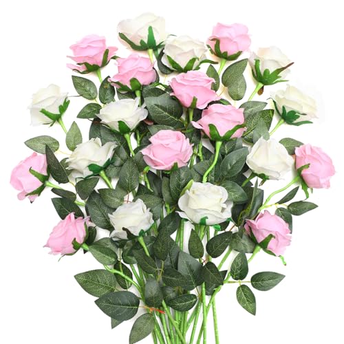 JUSTOYOU 20 roses artificielles, double couleur soie fleuri rose avec tige, bouquet de roses artificielles, fleurs réalistes pour la maison, bureau, fête, mariage,...